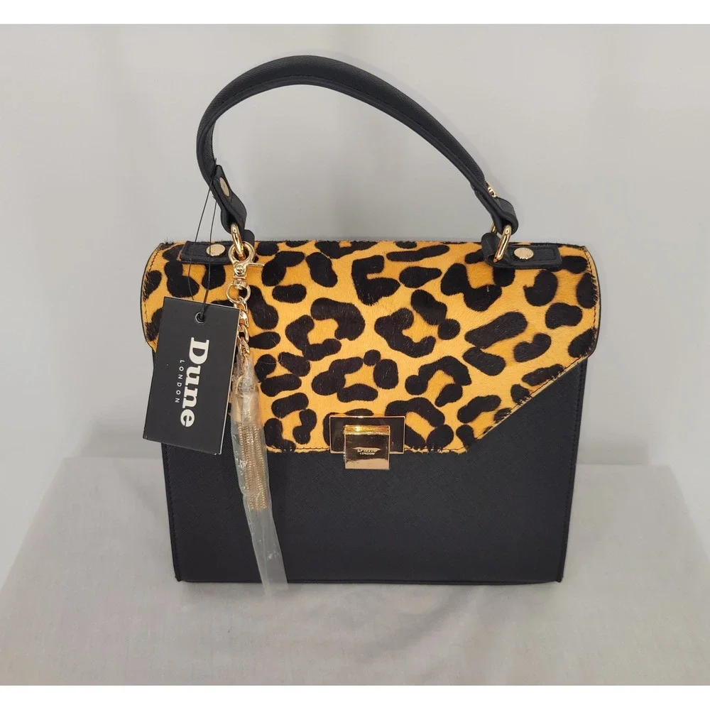 Dune London ~ Leopard Print Calf Hair, Black Satchel Crossbody Handbag‎